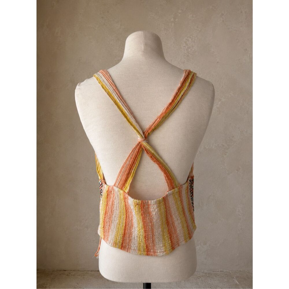 Anthropologie Large Striped Smocked Tank Crop Top Multicolor Boho Cotton V-Neck - Picture 4 of 11